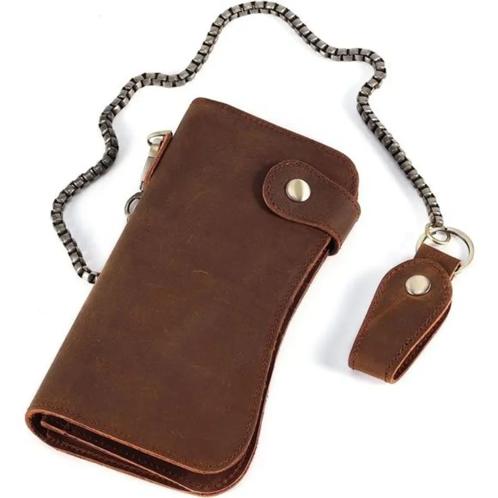 Men's, Long Wallet Genuine Leather with Chain RFID Blocking, Brown